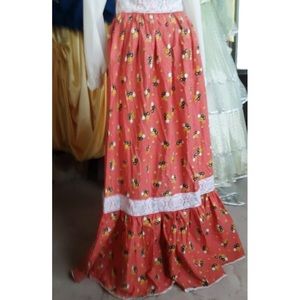 Vintage Red Calico Prairie Skirt 1970's Homemade Homespun